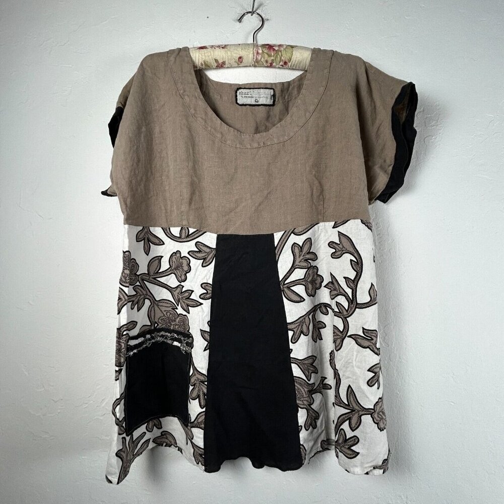 Shari B. Green Womens Brown Black Floral Scoop Neck Short Sleeves Blouse Top